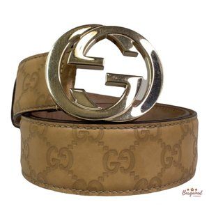 Authentic GUCCI Beige Guccissima Leather Interlocking G Gold Buckle Belt 80/32